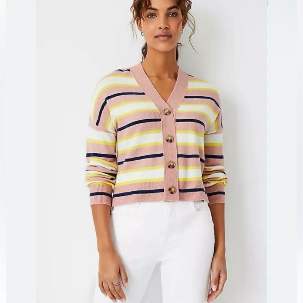 Ann Taylor Pink and Yellow Striped Cardigan